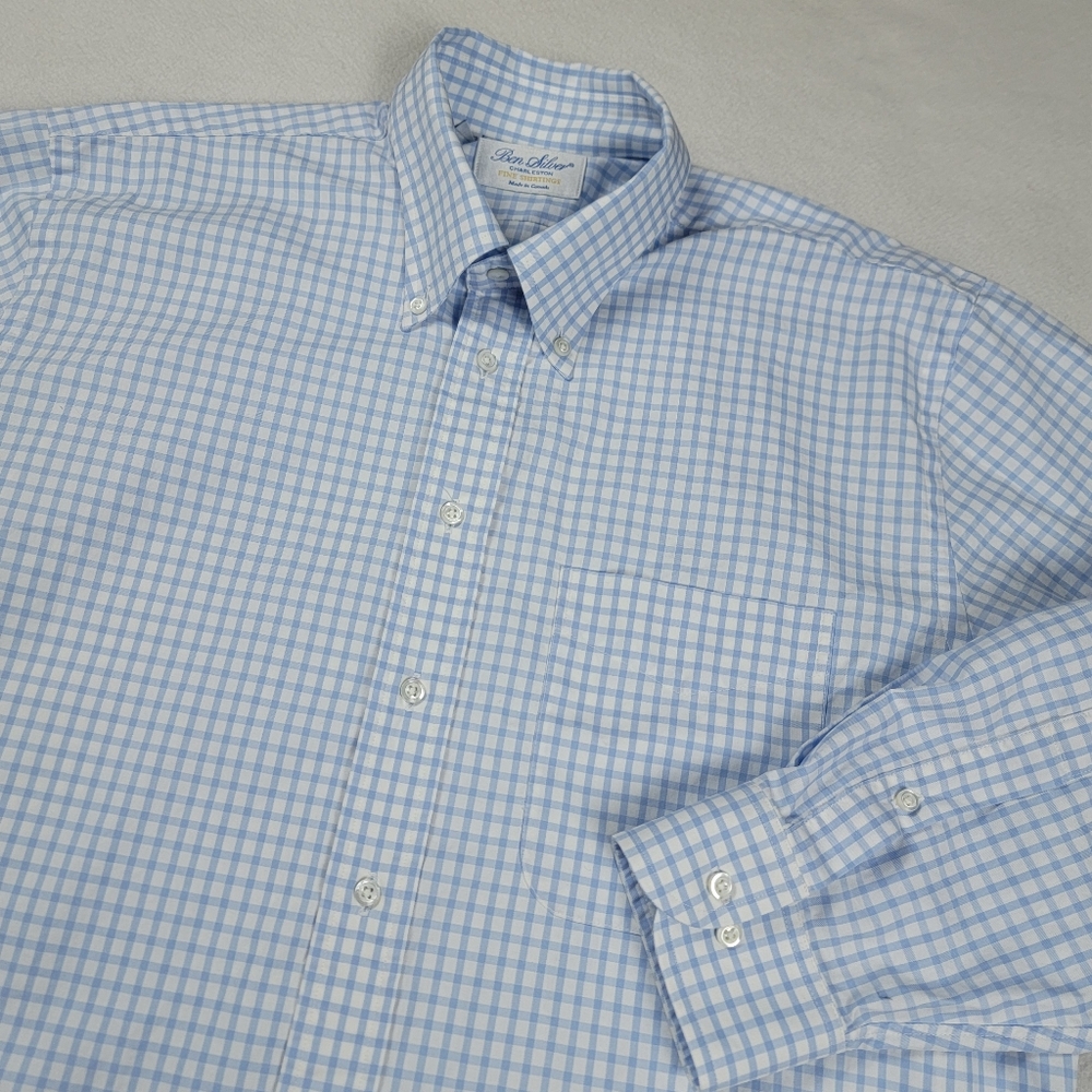 Ben Silver Charleston Button Down Shirt Men's 16.5-33 Blue Check 100% Cotton - Picture 2 of 11